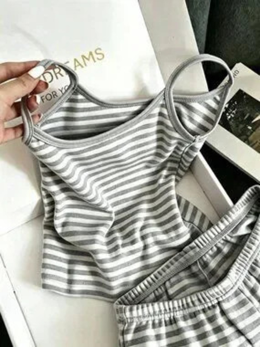 Light Grey Casual Women's Vacation Striped Camisole & Shorts Set